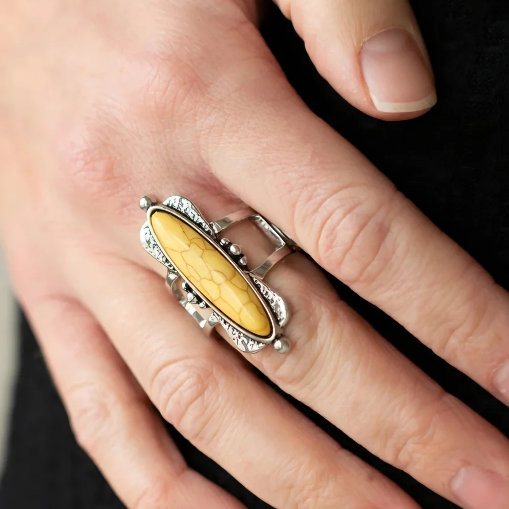 Large Statement Piece Cocktail Ring Silver & Yellow Stone Southwestern Jewelry